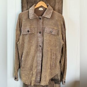 BIBI Oversized Waffle Shacket Brown Acid Wash Button-Up Shirt Jacket Small NWOT